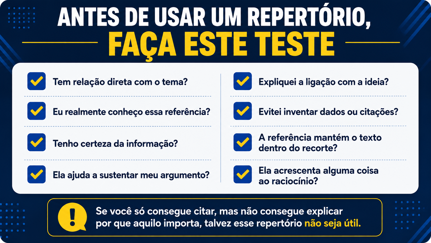 Antes de usar um repertório, faça este teste.